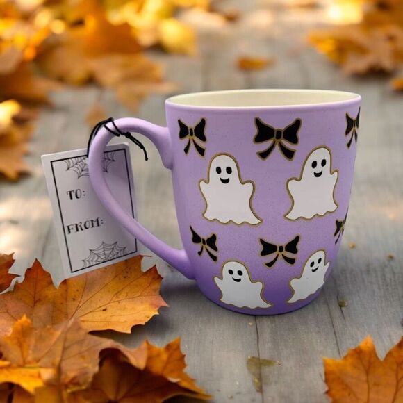 Halloween Purple Ghosts and Bows Soft Touch Mug Cobwebs & Cauldrons - Picture 2 of 3